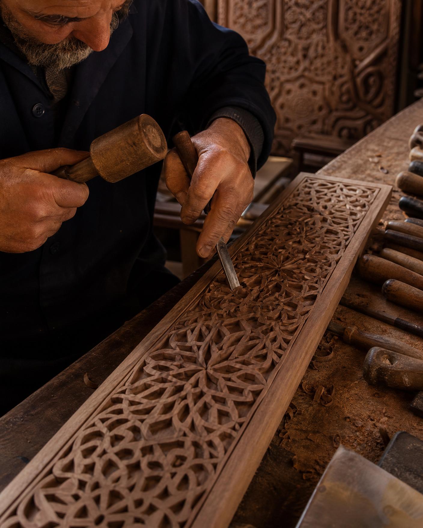Mains d'artisan sculptant un motif géométrique marocain